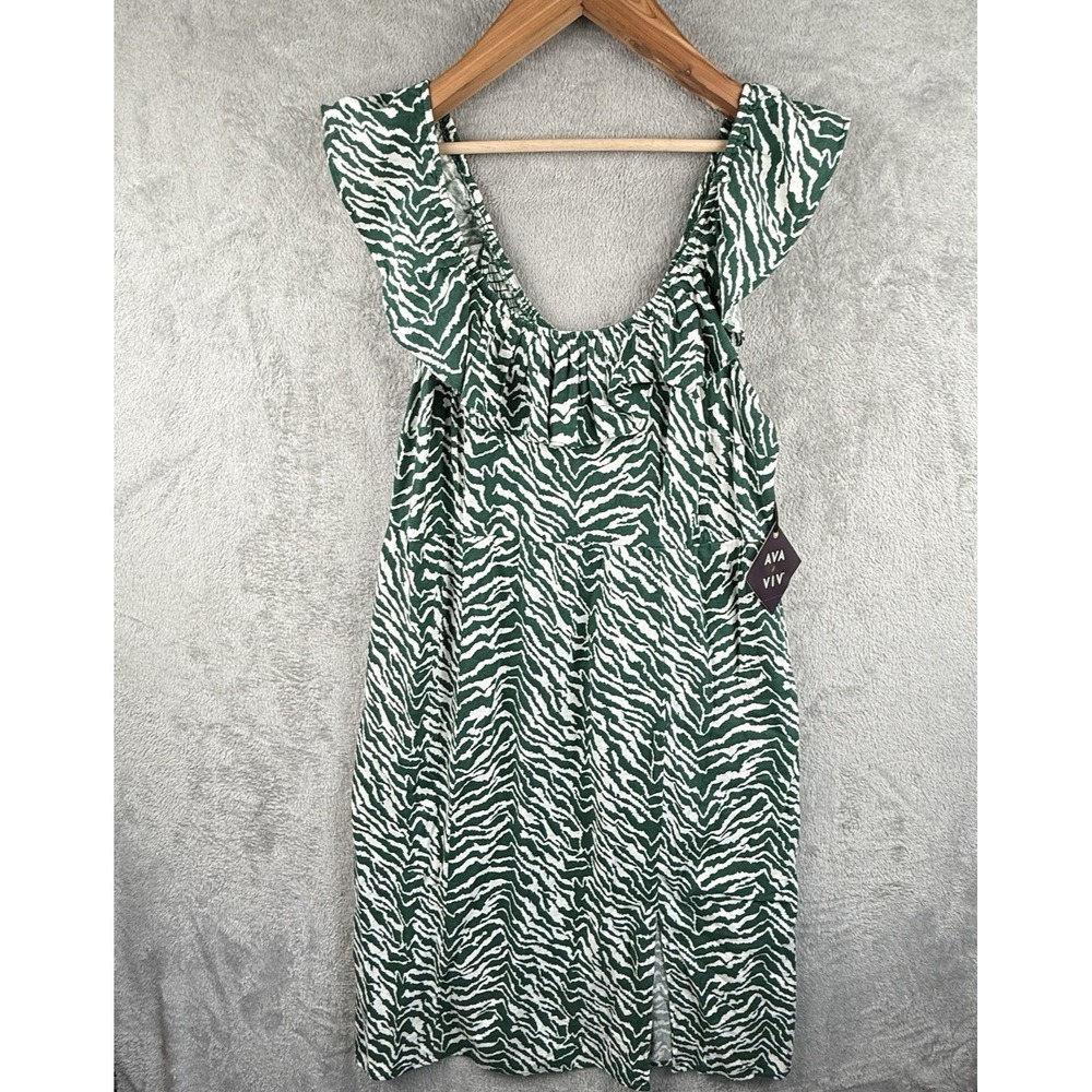 Ava & Viv Dress Womens 2XL Green Zebra Print Smocked Bodice Ruffle Sleeve NWT
